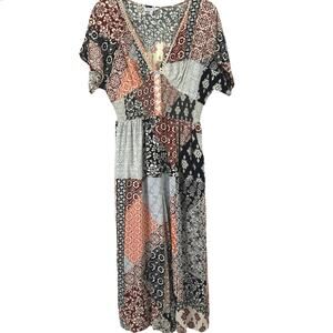 Patrons of Peace Women Patchwork Short Sleeve Wide Leg Jumpsuit Boho Size Large